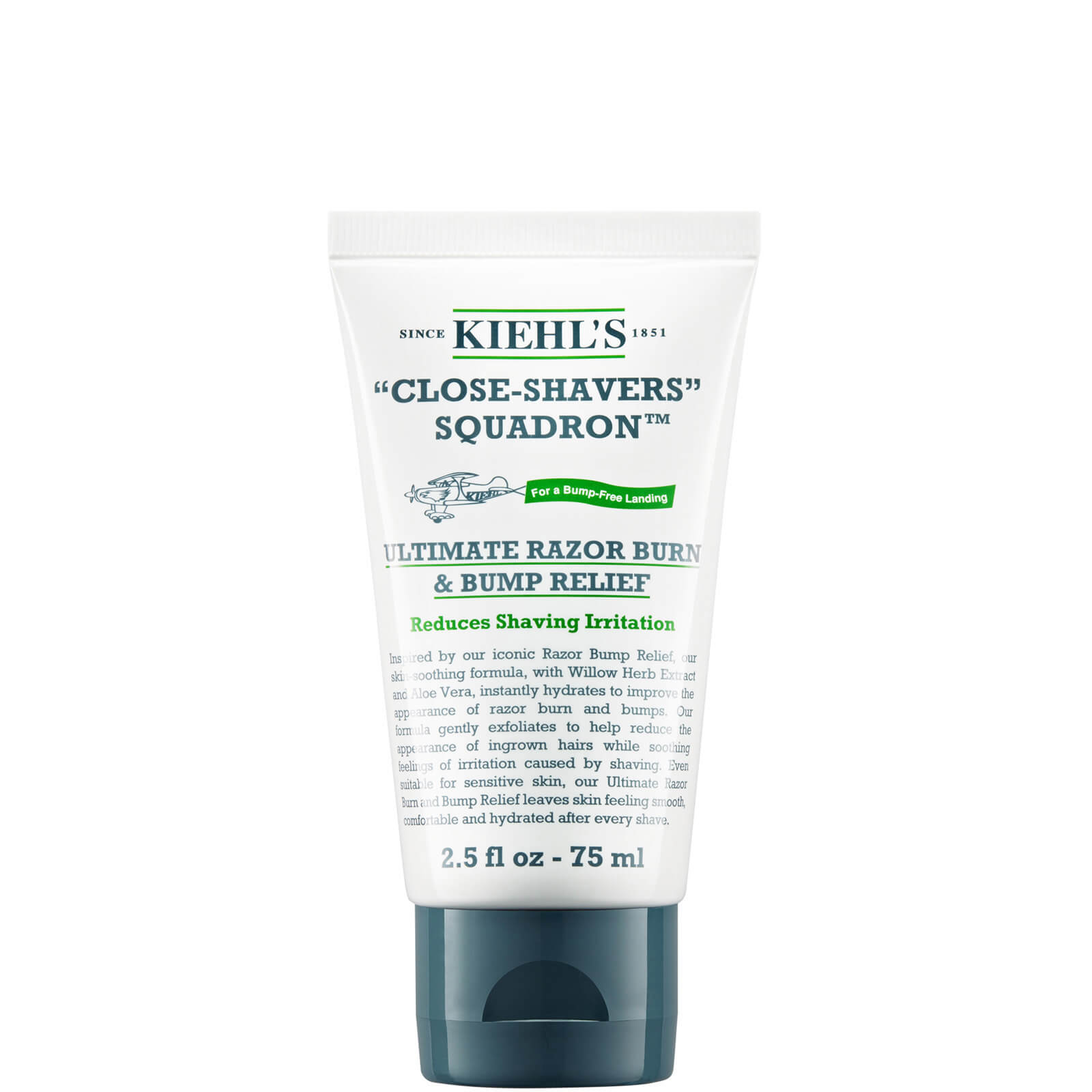 White tube with a flip-top cap, featuring blue and black text, labeled "Kiehl's Close Shavers Squadron Ultimate Razor Burn & Bump Relief," 2.5 oz size.