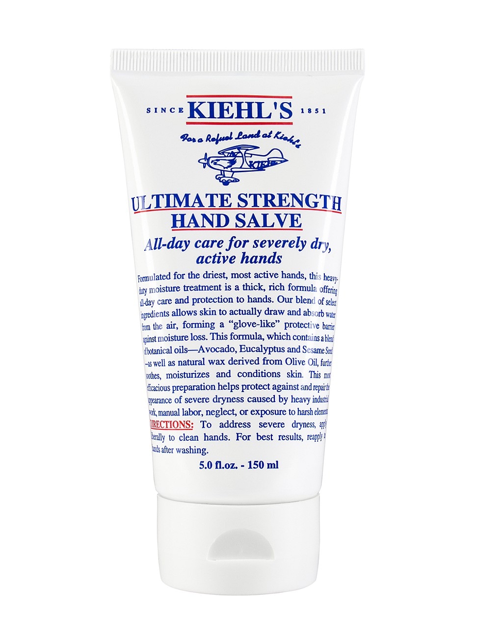 White tube with blue text, labeled "KIEHL'S Ultimate Strength Hand Salve 150ml," featuring a flip-top cap and details about moisturizing properties for dry hands.