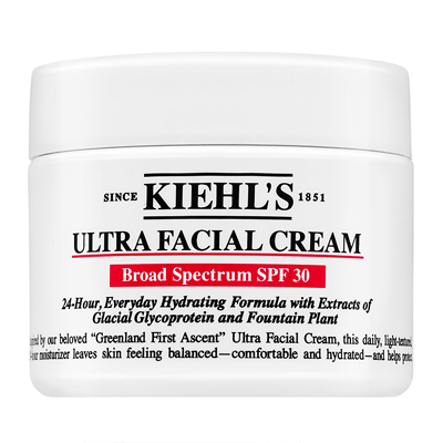 White jar labeled "KIEHL'S Ultra Facial Cream SPF 30," featuring red text and a black logo, with a smooth, glossy finish, containing 50ml of cream.