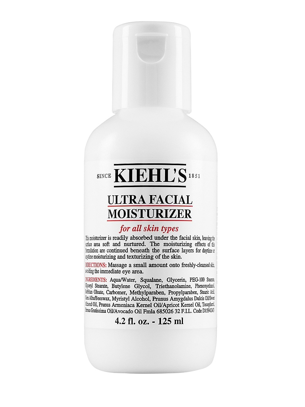 White plastic bottle with a flip-top cap, labeled "KIEHL'S Ultra Facial Moisturiser 75ml," featuring a simple design and blue text, suitable for all skin types.