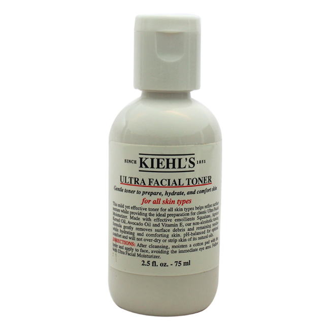 White plastic bottle with a flip-top cap, labeled "Kiehl's Ultra Facial Toner," featuring red and black text, 2.54 fl oz, alcohol-free, suitable for all skin types.