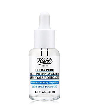 Clear glass bottle with a dropper, featuring a white label with blue text that reads "Kiehl's Ultra Pure High-Potency Serum 1.5% Hyaluronic Acid" and "Moisture-Plumping."