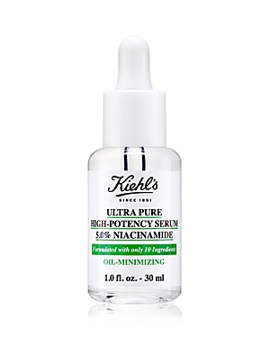 Clear glass dropper bottle with a white cap, labeled "Kiehl's Ultra Pure High-Potency Serum 5.0% Niacinamide," featuring a minimalist design and 1.0 fl. oz. capacity.
