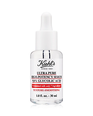 Clear glass dropper bottle with a white cap, labeled "Kiehl's Ultra Pure High-Potency Serum 9.8% Glycolic Acid," featuring a minimalist design and red accents.