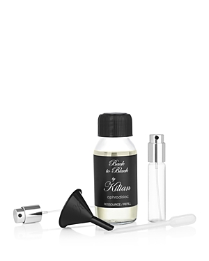 Kilian Back to Black Eau De Parfum refill bottle, 50ml, featuring a sleek black label, a black cap, a funnel for easy pouring, and a small spray vial for application.