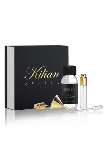 Black box with gold "Kilian" logo, containing a 50ml refill bottle, a small spray vial, a funnel, and a dropper, all elegantly arranged.