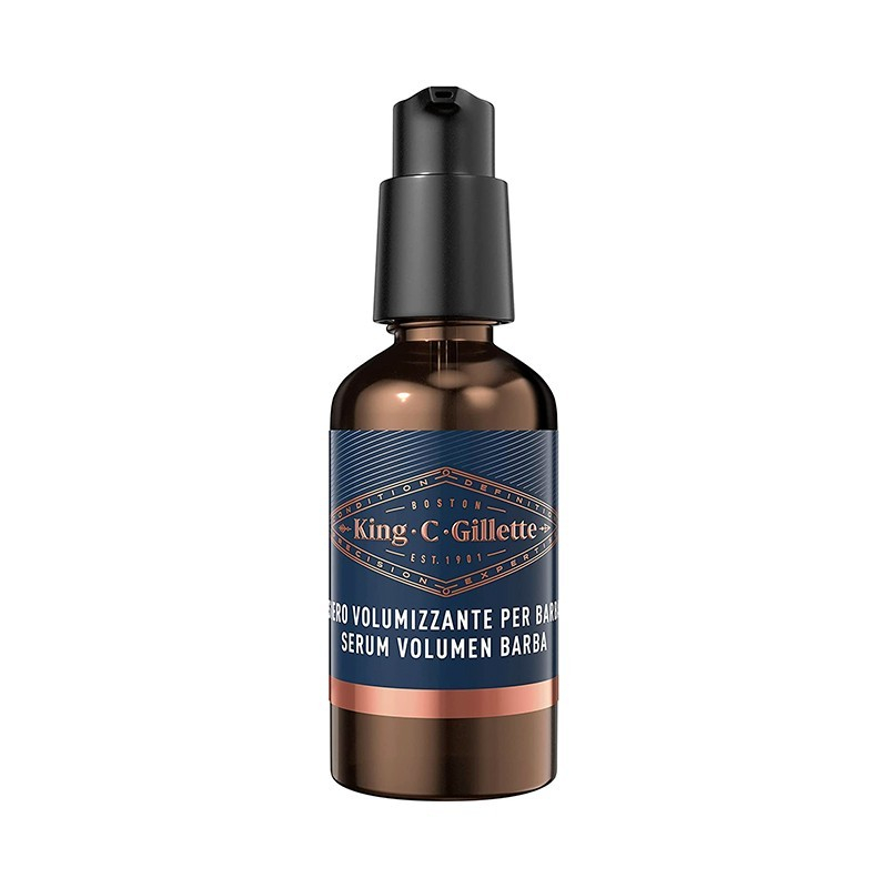 Brown glass bottle with a black pump top, featuring a blue and gold label that reads "King C. Gillette Volumizing Serum for Beard" in Italian and English.