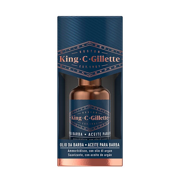Men's moisturizing beard oil in a sleek dark blue and copper bottle, featuring a pump top, packaged in a matching box with elegant text and a vintage design.