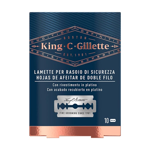 Pack of 10 King C. Gillette replacement blades for safety razors, featuring a dark blue and copper design with the brand name and details in elegant typography.