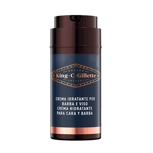 Moisturizing cream for beard and face in a dark blue and bronze pump bottle, featuring a vintage-style label with "King C. Gillette" and product details in multiple languages.