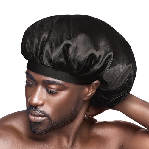 Black silky satin hair bonnet with a wide, no-slip band, designed for comfort and anti-frizz protection, suitable for all hair types and daily wear.