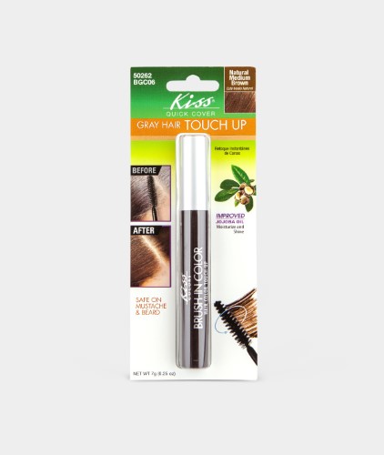Kiss My Face Quick Cover Root Touch Up in Black, 7g, featuring a brush applicator, claims to cover gray hair, and is safe for mustache and beard use.