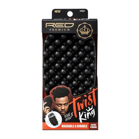 Black twist styler brush with a textured surface, packaged in a vibrant red box featuring the "Bow Wow X Twist King" branding, designed for creating curls and coils.