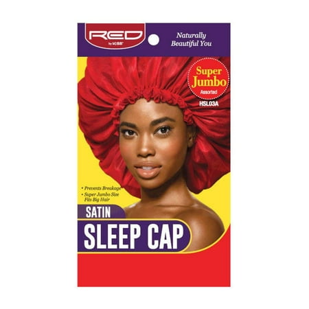 Red satin sleep cap designed for super jumbo sizes, featuring a vibrant color and a wide elastic band for a secure fit, ideal for protecting hairstyles while sleeping.