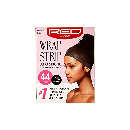 Red by Kiss Wrap Strip packaging featuring a black wrap strip, labeled "Ultra Strong 2X Longer Stretch," with 44 strips, highlighting lab-tested strength for wet/dry use.