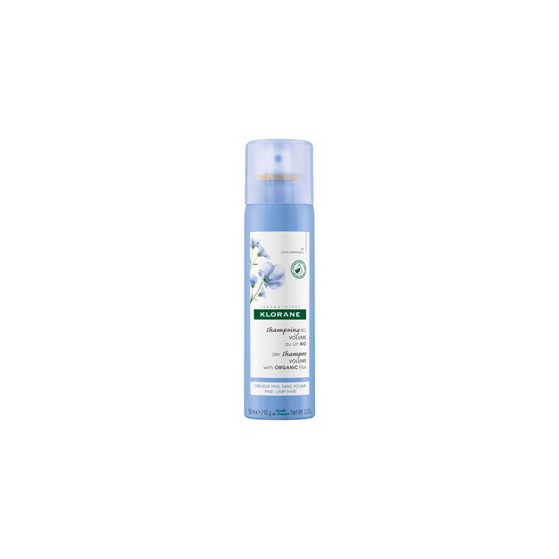 Klorane Volumizing Dry Shampoo with Organic Flax in a 150ml blue aerosol can, featuring a floral design and green accents, ideal for adding volume to hair.