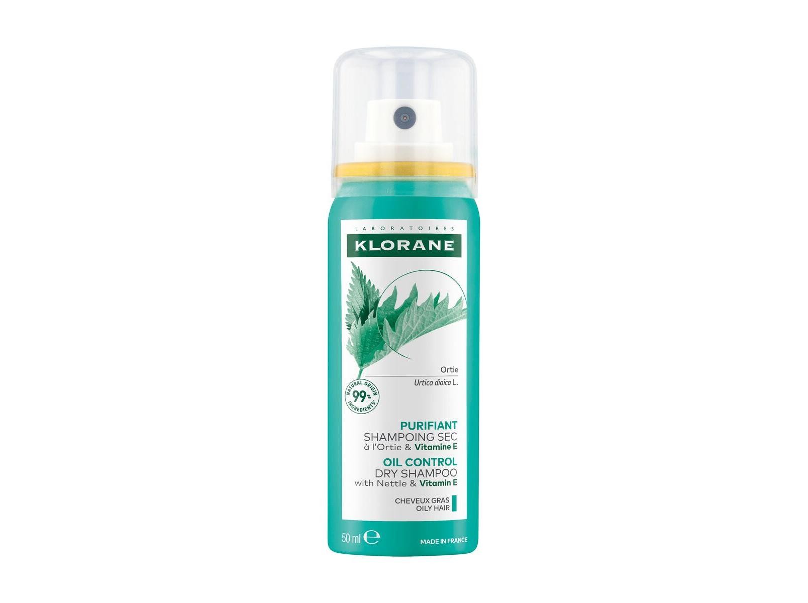 Klorane Purifying Nettle Dry Shampoo in a 150ml aerosol can, featuring a green and white design with a nettle leaf graphic and a spray nozzle at the top.