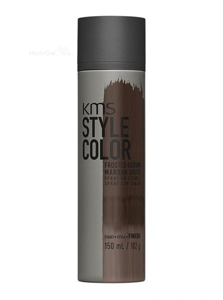 KMS Style Color in Frosted Brown, a 150ml spray can with a sleek gray design, features a matte finish and bold text highlighting its color and styling capabilities.