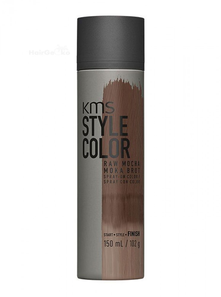 KMS Style Color Raw Mocha spray in a sleek gray canister, featuring bold black text, designed for hair coloring with a 150ml capacity.