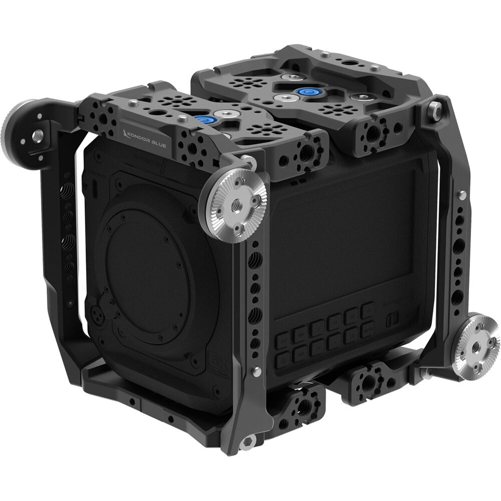 Kondor Blue PYXIS CAGE SYSTEM in black aluminum features multiple mounting points, a robust design, and adjustable handles for enhanced camera support and stability.