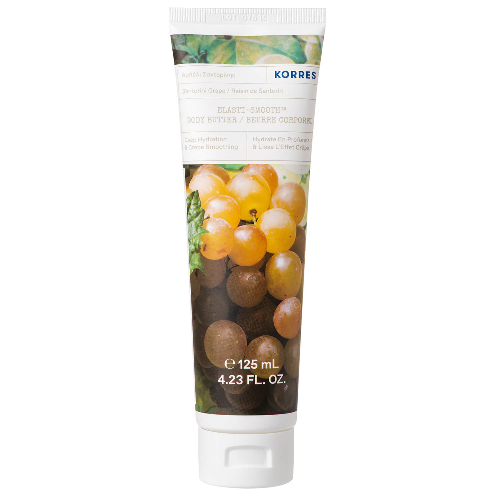 KORRES Santorini Grape Elasti-Smooth Body Butter in a 125ml tube features a green and white design with a cluster of grapes and a textured finish for easy grip.