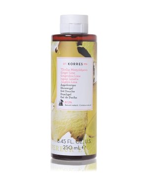 Clear bottle of Korres Renewing Body Cleanser in Ginger Lime, featuring a vibrant label with green and yellow accents, and a flip-top cap, containing 250 ml of product.
