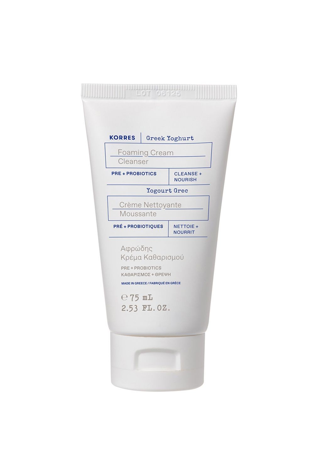 White tube featuring "KORRES Greek Yoghurt Foaming Cream Cleanser" label, with blue and black text, highlighting pre and probiotics, 75ml size, and a clean, minimalist design.