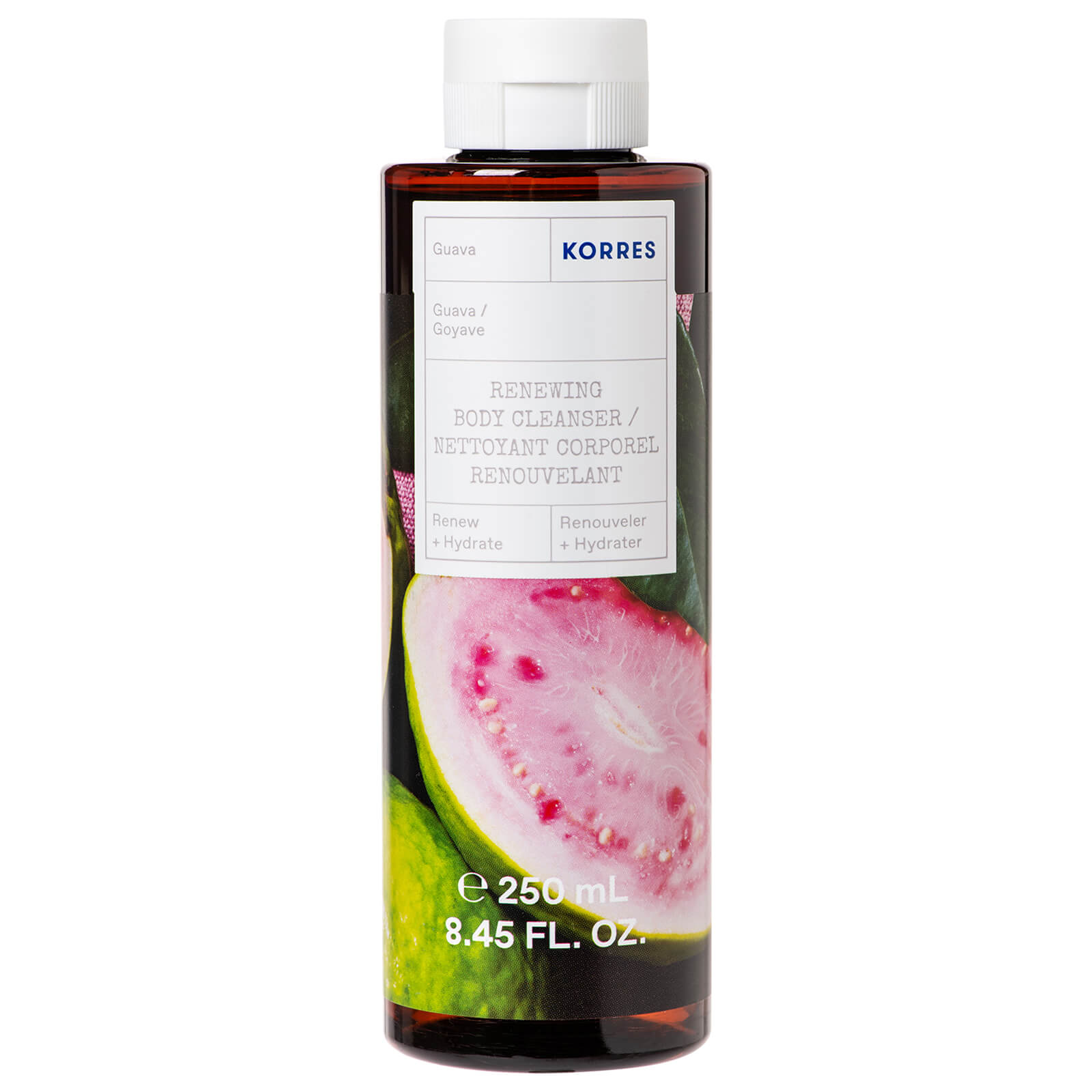 Transparent bottle of Korres Guava Shower Gel, featuring a vibrant guava fruit design, with a white label detailing its revitalizing properties, 250ml size.