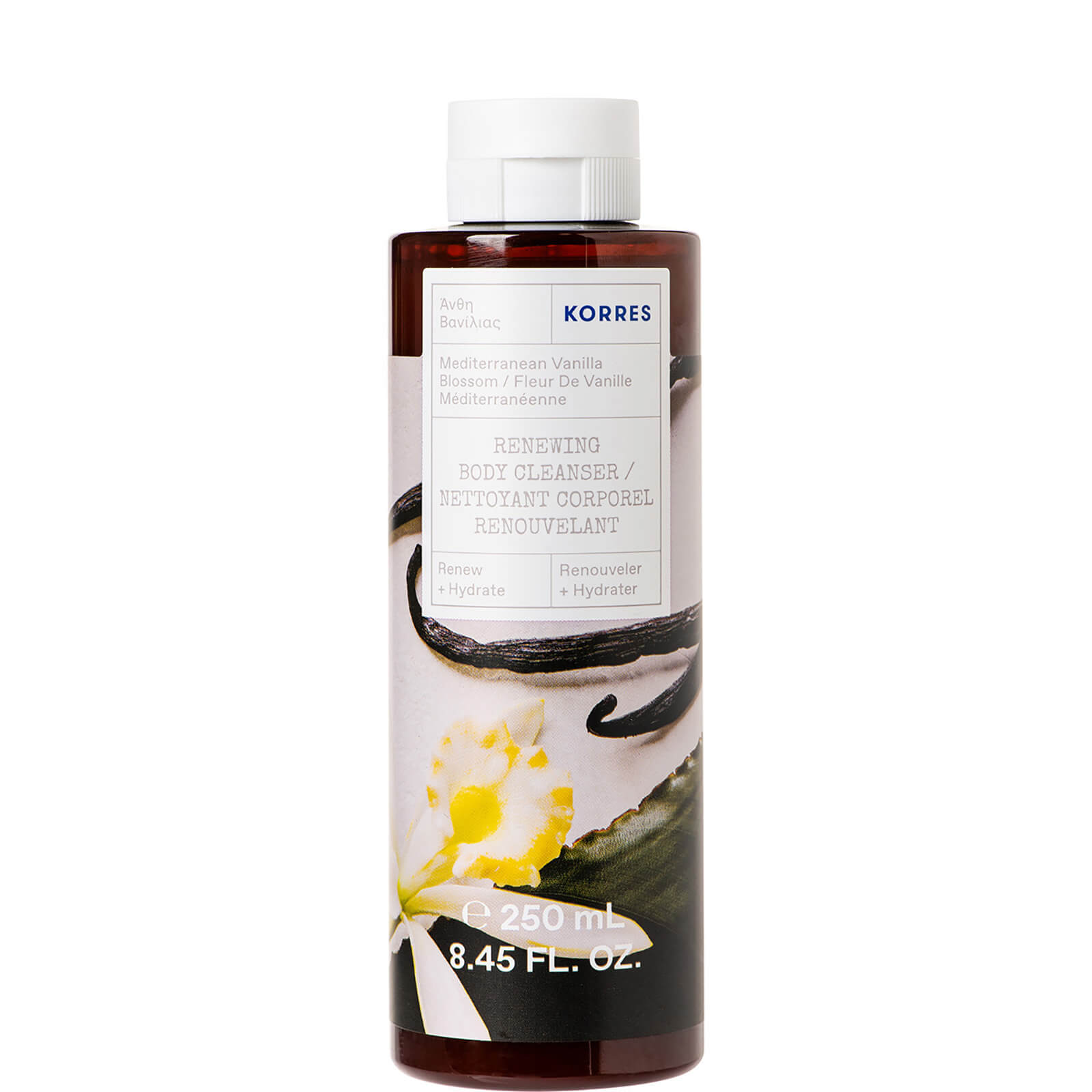 Clear plastic bottle of Korres Mediterranean Vanilla Shower Gel, featuring a brown label with white text, showcasing a vanilla flower and pod design, 250 ml size.