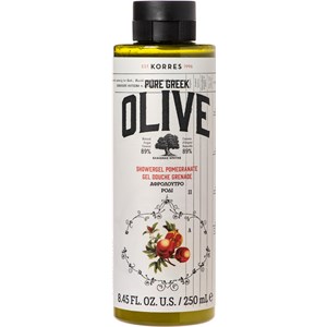 Transparent bottle of Korres Pure Greek Olive and Pomegranate Shower Gel, featuring a black cap, white label with bold black text, and illustrations of pomegranates, 250ml size.