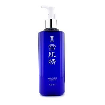 Blue plastic bottle with a silver pump top, labeled "Medicated Sekkisei" in white characters, containing 16.7 oz of product, featuring a sleek, modern design.