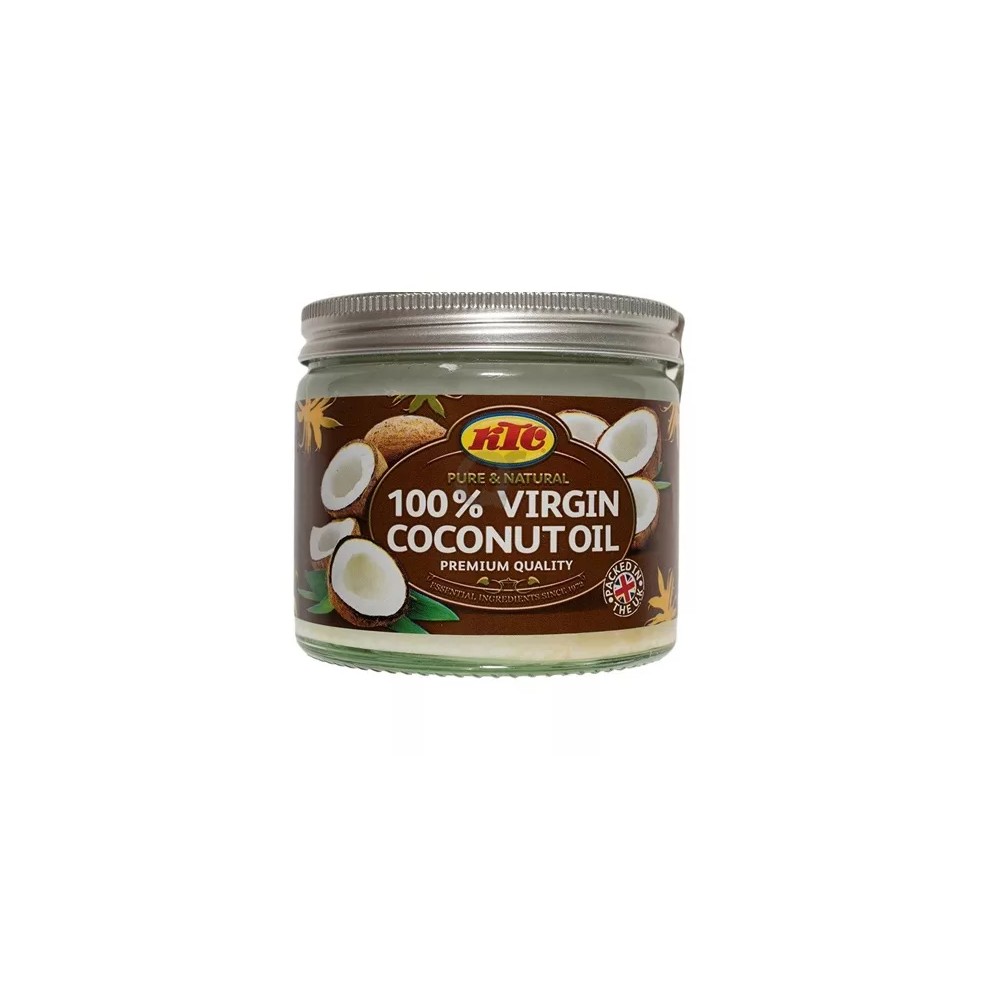 Clear glass jar with a silver metal lid, labeled "KTC 100% Virgin Coconut Oil," featuring a brown and green design with coconut images, 250ml size, promoting free UK postage.