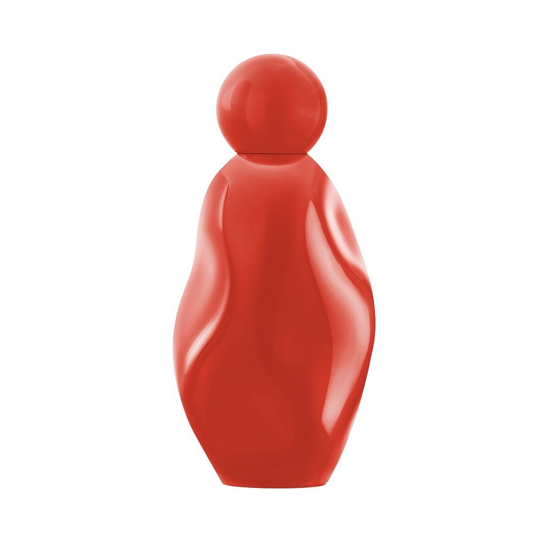 Red, curvy bottle with a rounded cap, representing the "Cosmic Kylie Jenner Intense Eau De Parfum," 100 ml, featuring a sleek and modern design.