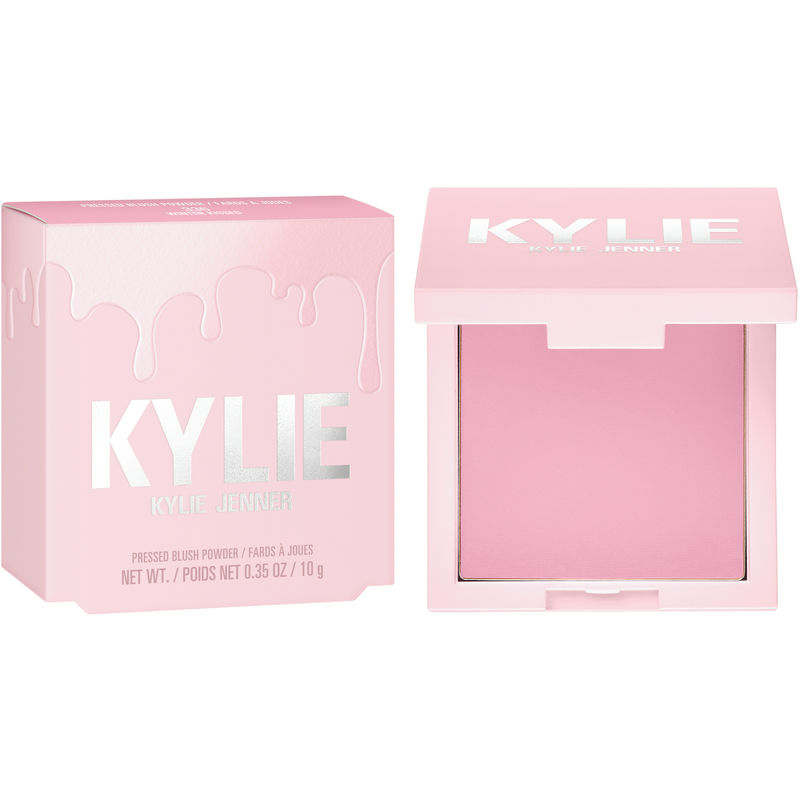 Light pink square compact with a glossy finish, featuring "Kylie" in silver lettering, contains a soft pink pressed blush powder inside.