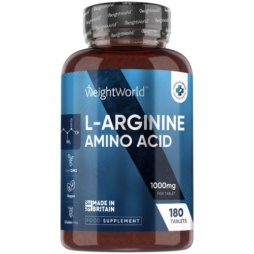 Transparent brown plastic bottle with a blue label, featuring "L-Arginine 1000mg" text, 180 tablets, and icons for vegan, gluten-free, and made in Britain.