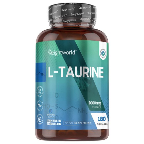 Transparent brown bottle with a blue and green label, featuring "L-Taurine 1000mg" in bold white text, indicating 180 capsules and a 3-month supply, by WeightWorld.