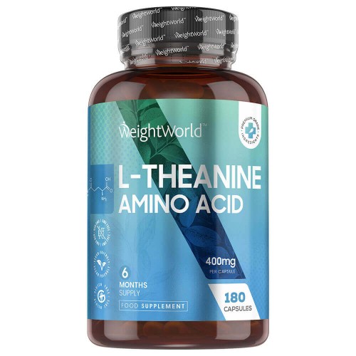WeightWorld L-Theanine supplement in a dark amber bottle with a blue and green label, containing 180 vegan capsules, each with 400mg of amino acid, labeled as a 6-month supply.