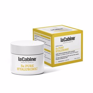 White jar with a smooth surface labeled "laCabine 5X PURE HYALURONIC" beside a yellow and white box, both designed for skincare, showcasing a modern and clean aesthetic.