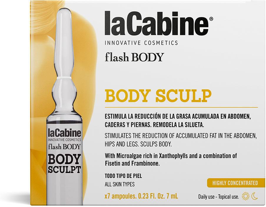 Seven small glass ampoules in a white box, labeled "Body Sculpt" by La Cabine, featuring a sleek design with a focus on body contouring and fat reduction.