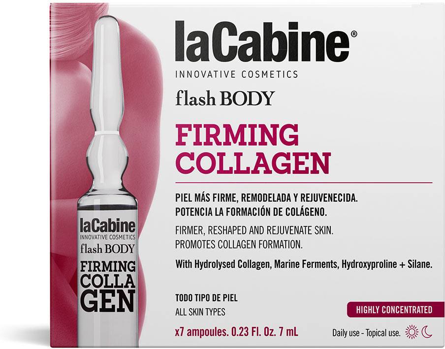 Seven clear ampoules of collagen serum in a sleek box, featuring a modern design with a white and purple color scheme, labeled "Firming Collagen" and "Highly Concentrated."