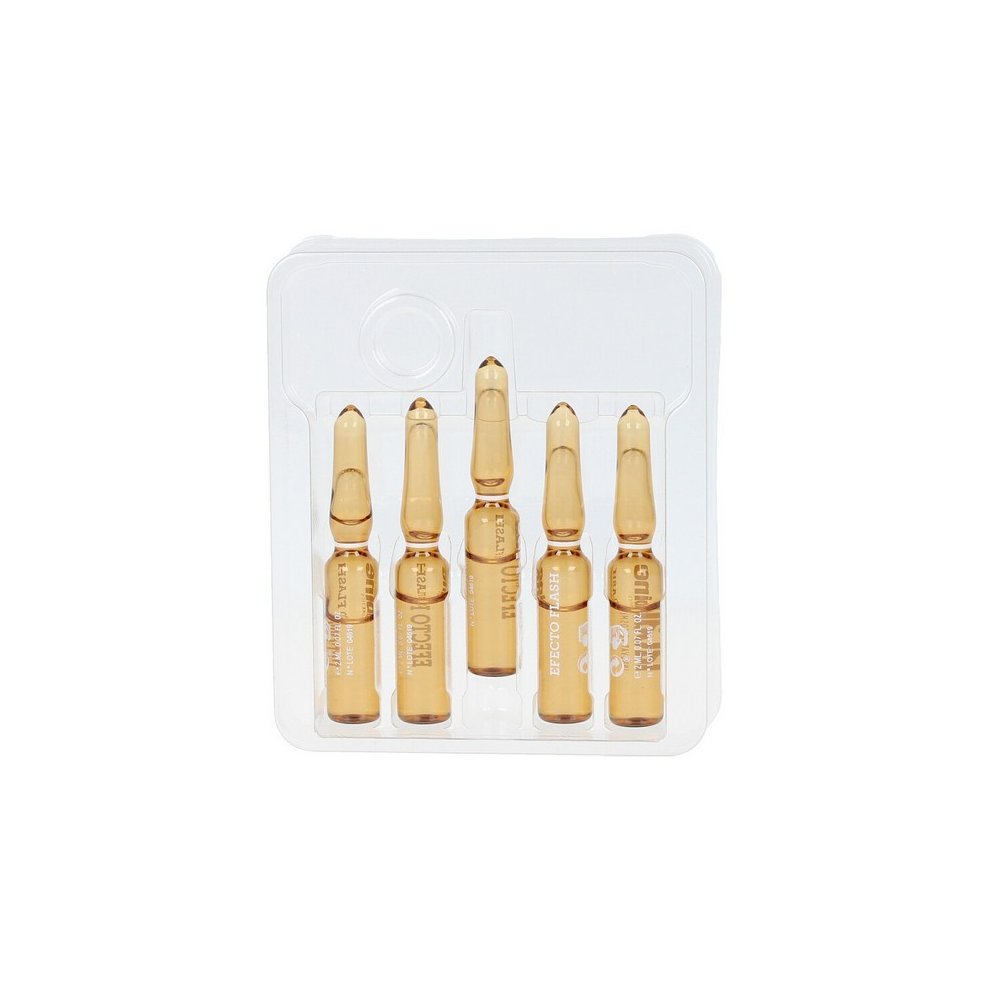 Ten golden ampoules in a clear plastic tray, each containing 2 ml of serum, featuring a sleek design with a pointed top for easy application.