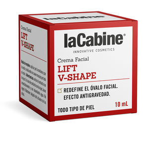 Red rectangular box with white and black text, labeled "La Cabine LIFT V-SHAPE Cream 10 ML," featuring details about facial lifting and suitable for all skin types.