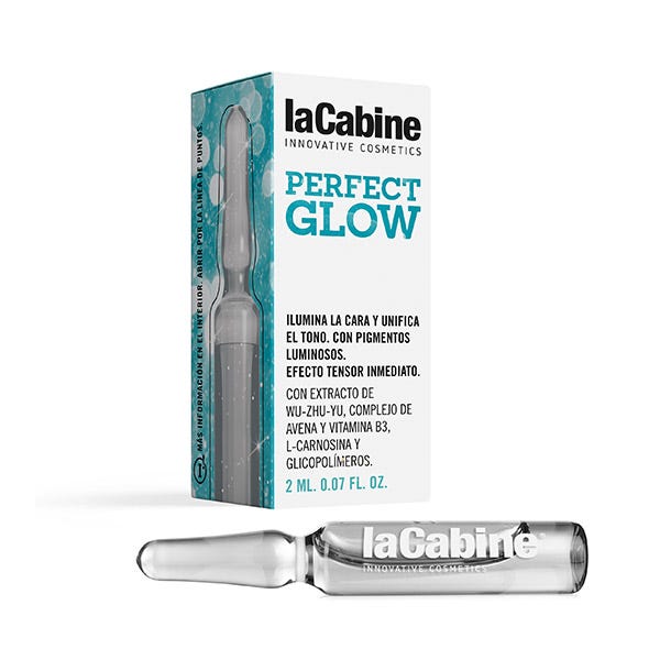 Clear glass ampoule with a pointed top, containing a shimmering serum, alongside a colorful box featuring "Perfect Glow" in bold lettering and ingredient highlights.