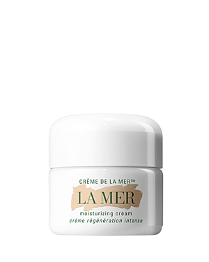 White jar with a silver lid, labeled "Crème de La Mer Moisturizing Cream" in gold and green text, 15ml size, designed for daily use and travel.