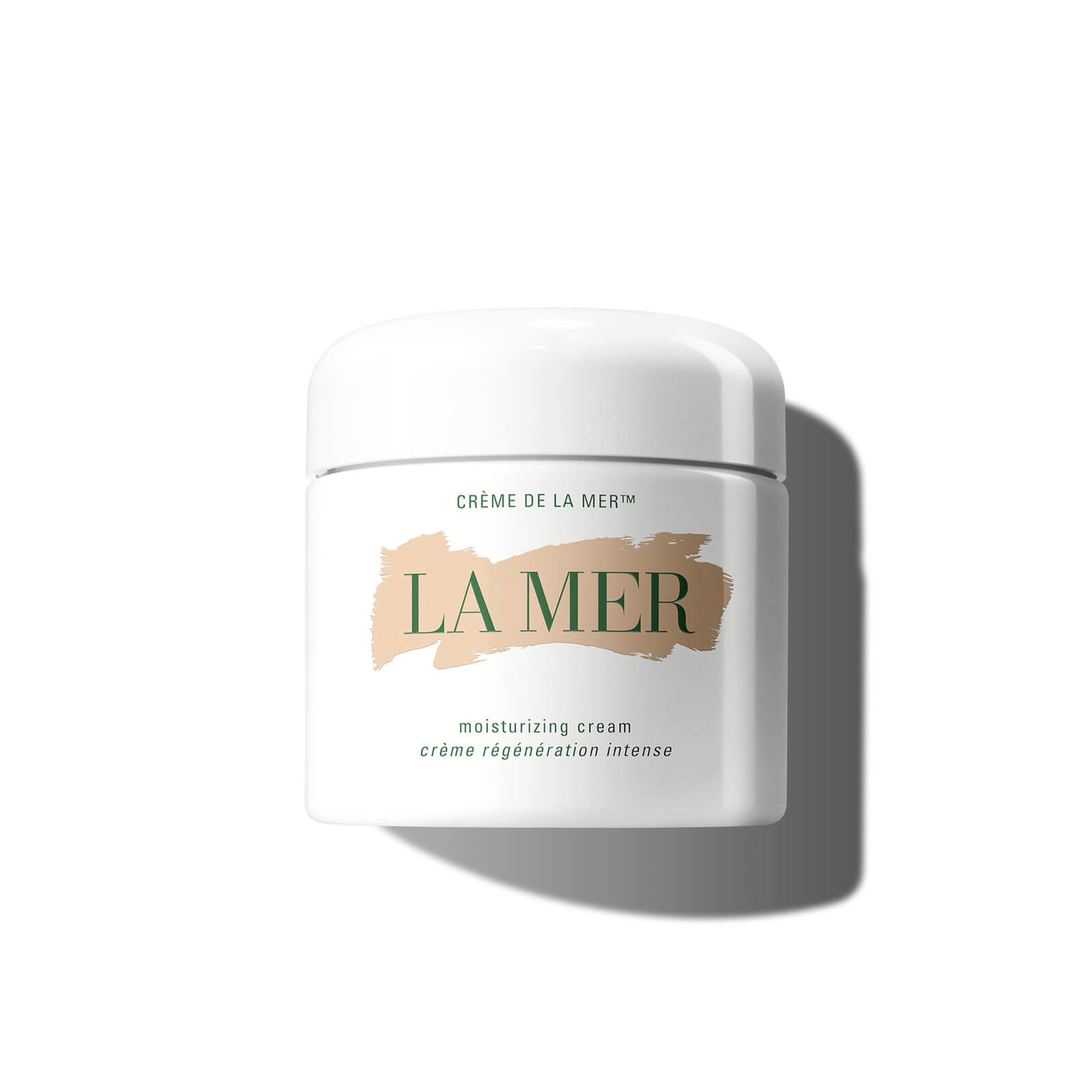 White jar of LA Mer Crème de la Mer Moisturizing Cream, 250ml, featuring a gold and green label with "LA MER" prominently displayed.