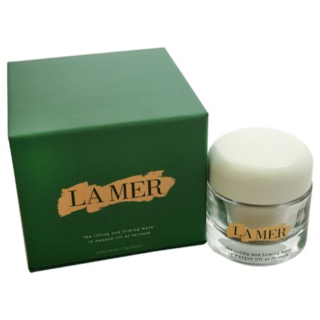 Green box with gold lettering labeled "LA MER" containing a clear jar with a white lid, designed for the Lifting and Firming Mask.