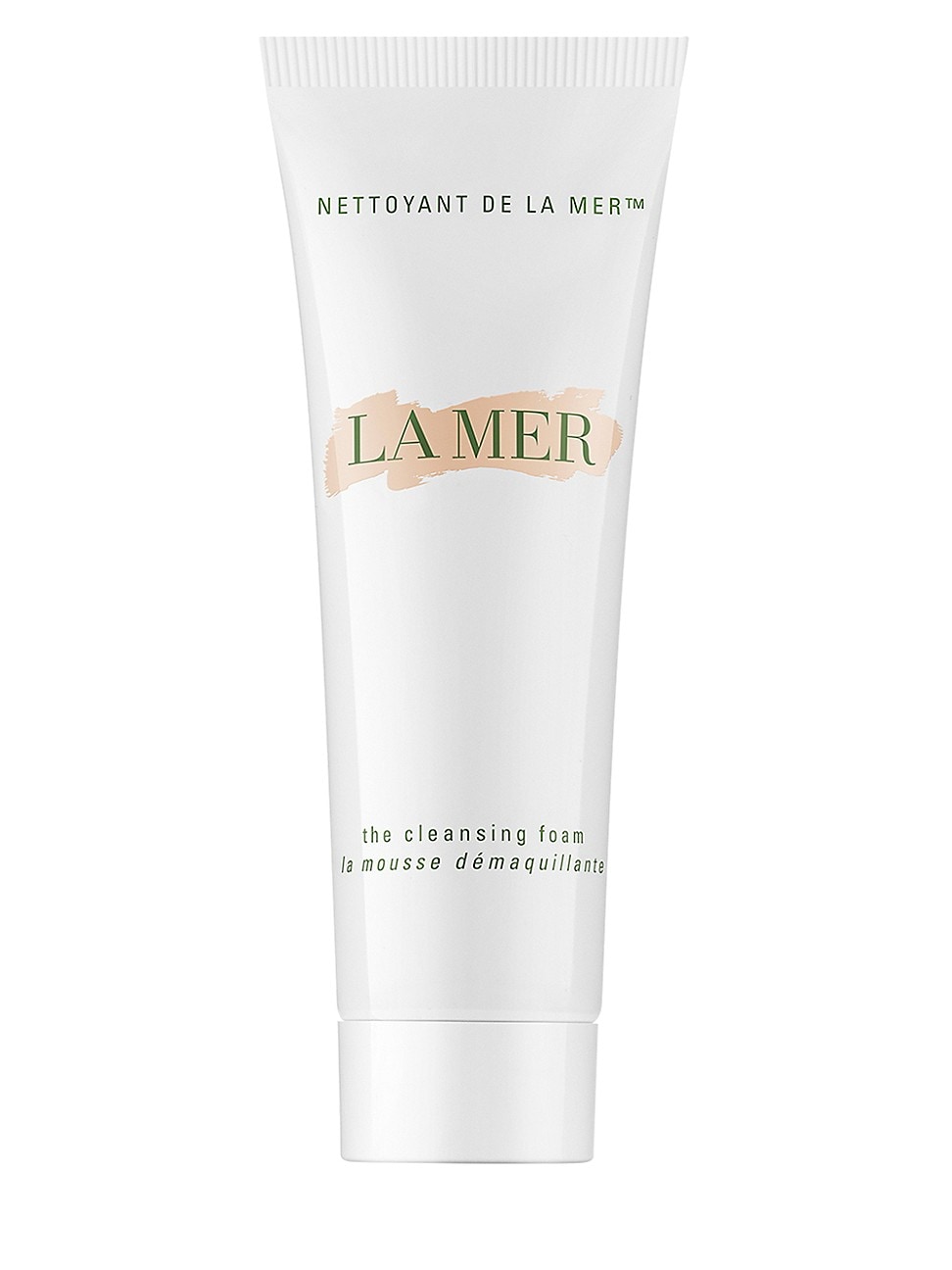 White tube of La Mer Cleansing Foam, 1.0oz/30ml, featuring green text and a beige accent, packaged in a new box.