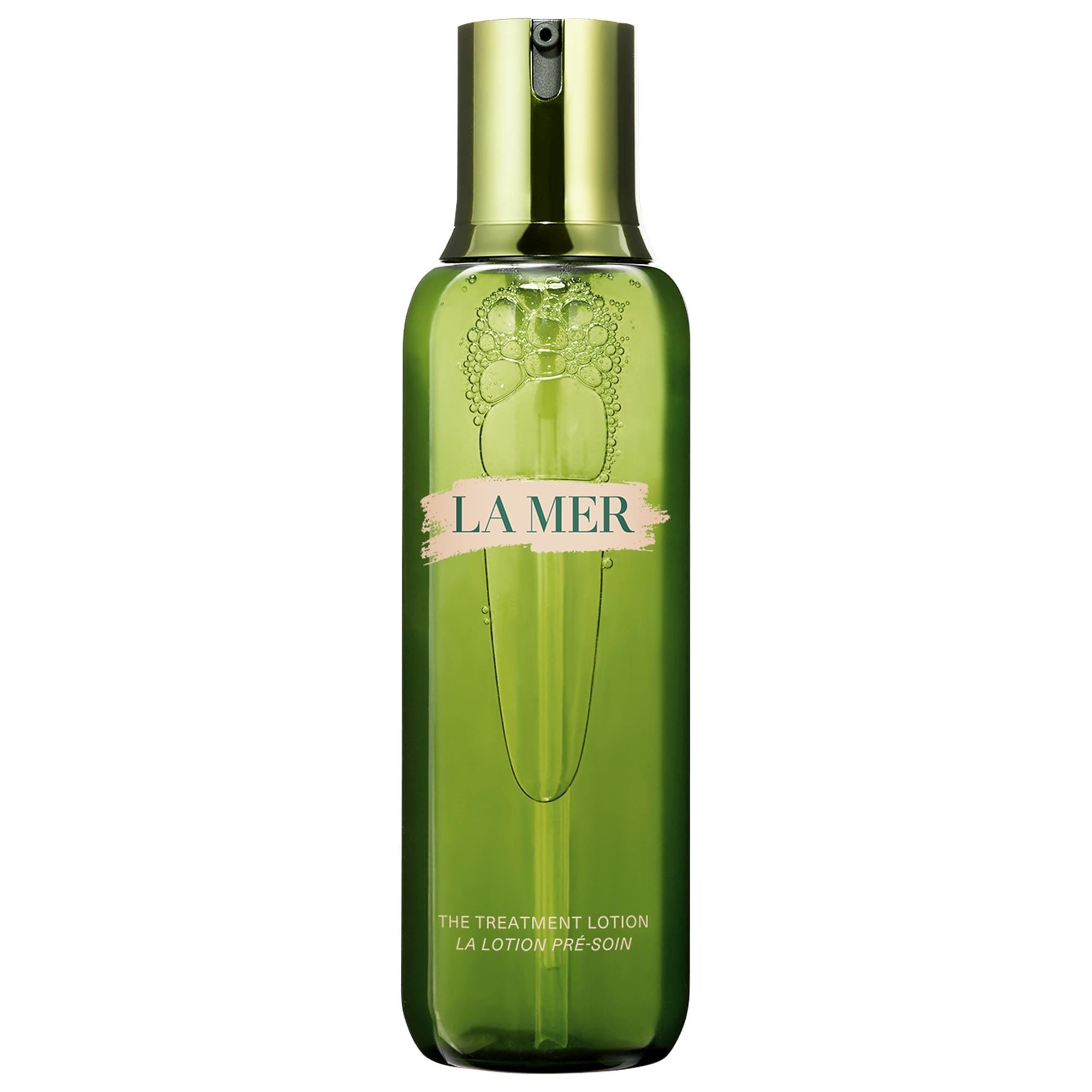 Green glass bottle of La Mer's Treatment Lotion, featuring a gold spray nozzle and a pink label with the brand name, designed for hydration and anti-aging, 8.4oz/250ml.