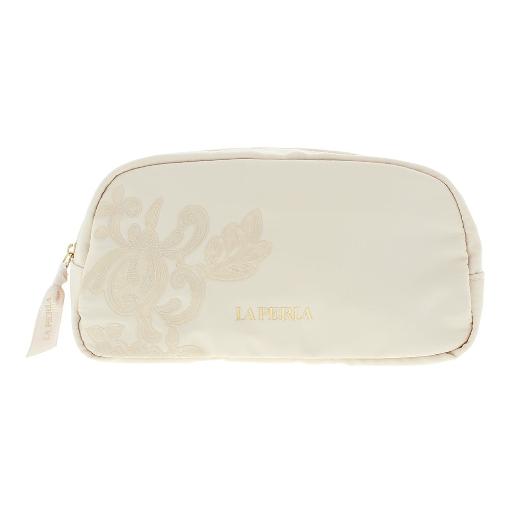 Cream-colored La Perla cosmetic bag featuring elegant floral embroidery and a gold logo, with a zip closure and a smooth, satin-like finish.