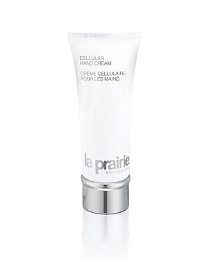 Clear tube of La Prairie Cellular Hand Cream, 100ml, featuring a sleek silver cap and minimalist white label with the brand name in elegant lettering.